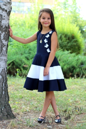 Официална детска рокля в тъмносиньо с 3D пеперуди в бяло със сако в тъмносиньо Оля