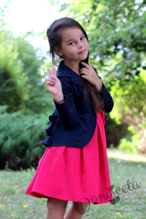 Детска рокля в цвят малина с къс ръкав и голяма панделка отзад със сако в тъмносиньо