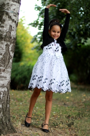Официална детска рокля от дантела в бяло и черно на цветя с болеро