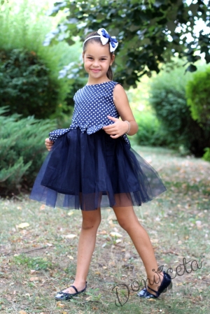Официална детска рокля в тъмносиньо на точки с тюл "Тина"