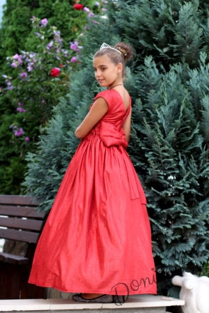 Официална дълга детска рокля в червено с блясък и с обръч