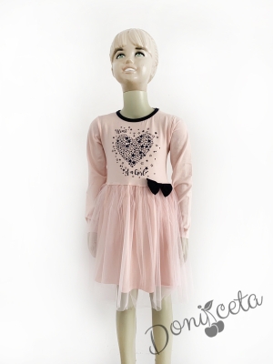 Детска рокля с дълъг ръкав в розово със сърце и тюл