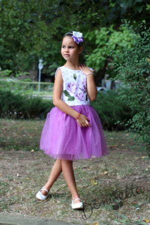 Официална детска рокля в лилаво с цветя и тюл Лидия
