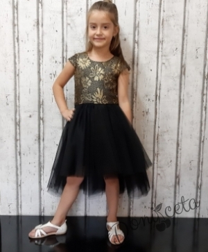 Официална детска дантелена рокля с шлейф на Анисия в черно и златисто