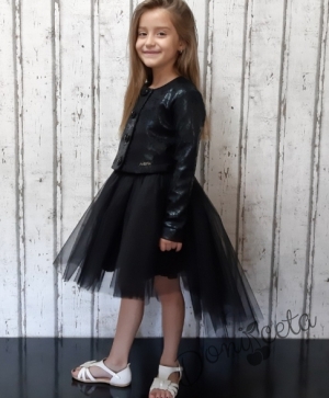 Официална детска дантелена рокля с шлейф на Анисия в черно и златисто