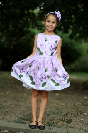  Детска рокля  Магдалена на цветя в лилаво и бяло