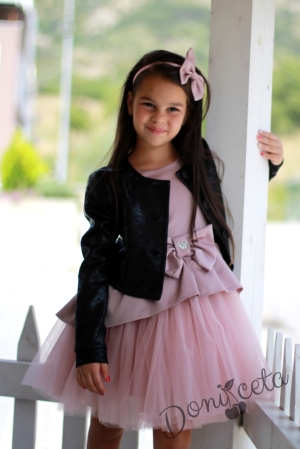 Комплект от официална детска рокля  Надежда от  сатен в пепел от рози с тюл и сако 2