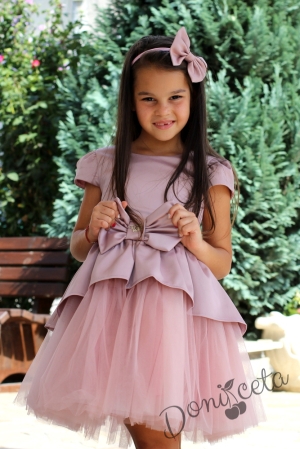 Комплект от официална детска рокля  Надежда от  сатен в пепел от рози с тюл и сако 3