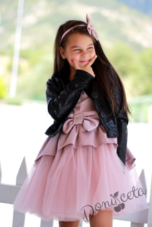 Комплект от официална детска рокля  Надежда от  сатен в пепел от рози с тюл и сако 4