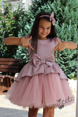 Комплект от официална детска рокля  Надежда от  сатен в пепел от рози с тюл и сако 5