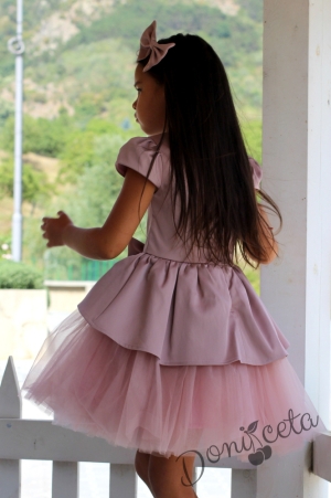 Комплект от официална детска рокля  Надежда от  сатен в пепел от рози с тюл и сако 6