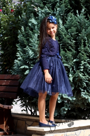 Официална детска рокля с къс ръкав в тъмносиньо с голяма панделка отзад, с дантела,тюл и болеро в тъмносиньо