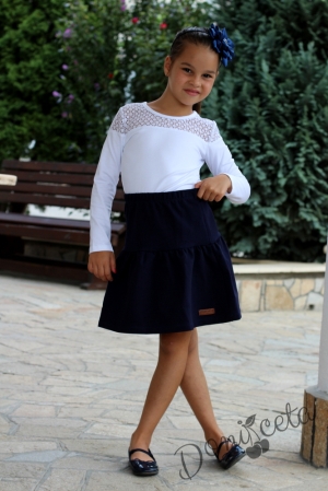 Комплект за момиче от 3 части-пола,  болеро в тъмносиньо и блузка в бяло с дълъг ръкав