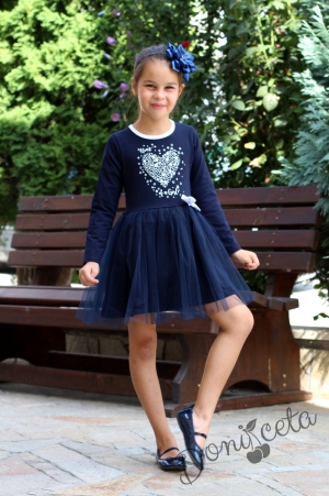 Детска рокля с дълъг ръкав в тъмносиньо със сърце и тюл Танита