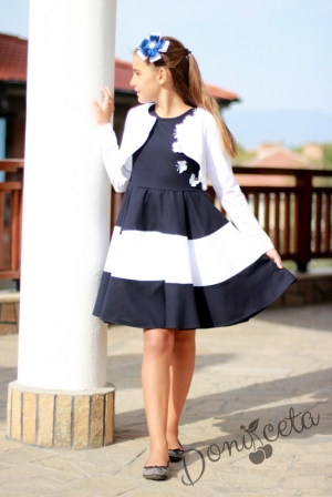 Официална детска рокля в тъмносиньо с 3D пеперуди в бяло с болеро в бяло Оля