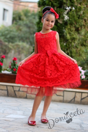 Официална детска рокля Бисера от бутикова дантела в червено