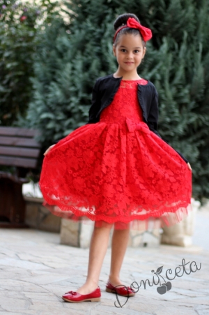 Официална детска рокля Бисера от бутикова дантела в червено с болеро в черно