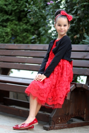 Официална детска рокля Бисера от бутикова дантела в червено с болеро в черно