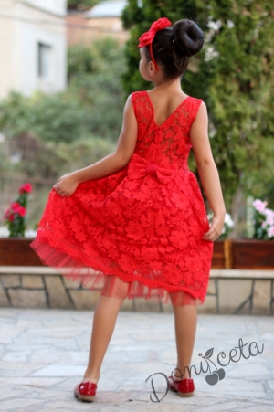 Официална детска рокля Бисера от бутикова дантела в червено с  пухкаво болеро в червено