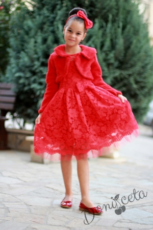Официална детска рокля Бисера от бутикова дантела в червено с  пухкаво болеро в червено