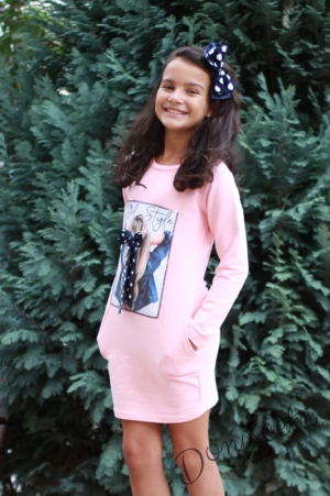 Детска туника/рокля с дълъг ръкав в розово с джобове