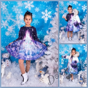 Комплект от детска  рокля  с дълъг ръкав с палто с кчаулка и зимна картинка