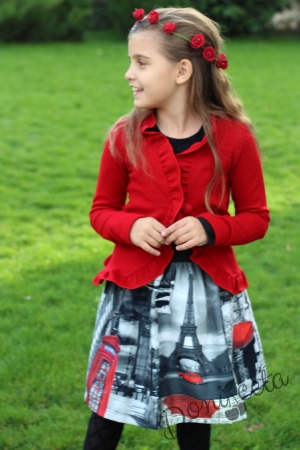 Комплект от детска жилетка в червено с къдрички от плетиво и пола с мотиви на Париж