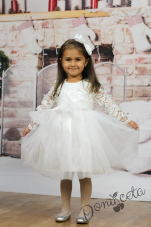 Официална бебешка/детска рокля с дълъг ръкав в бяло с дантела и тюл 