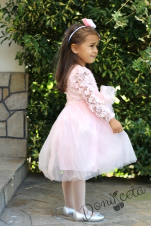 Официална детска/бебешка рокля с дълъг ръкав в розово с дантела и тюл 