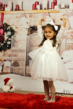 Официална детска рокля с дълъг ръкав в бяло с дантела и тюл 