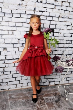 Официална детска рокля в бордо от сатен  и тюл Надежда