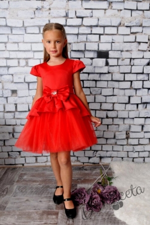 Официална детска рокля в червено от сатен и тюл Надежда