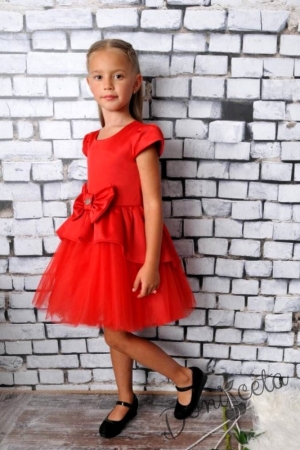 Официална детска рокля в червено от сатен и тюл Надежда