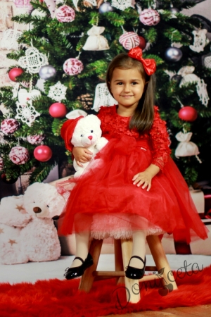 Официална детска/бебешка рокля с дълъг ръкав в червено с дантела и тюл 