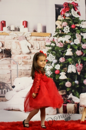 Официална детска/бебешка рокля с дълъг ръкав в червено с дантела и тюл 