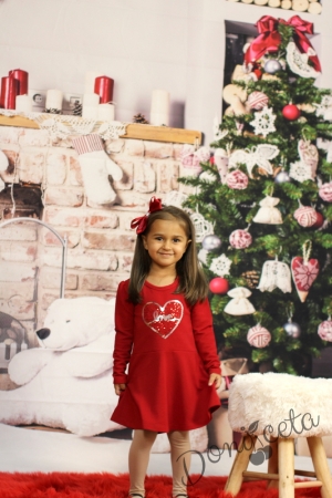 Детска рокля с дълъг ръкав в червено със сърце от пайети