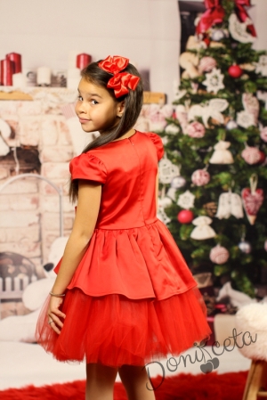 Детска празнична рокличка от тюл и сатен в чеервено