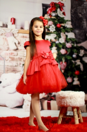 Празнична детска рокля в червено с тюл и къс ръкав