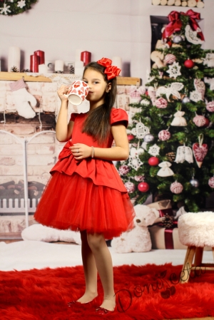 КОледна червена празнична рокля за момиче с къс ръкав