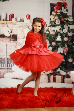 Коледна детска рокля в червено с тюл с болеро