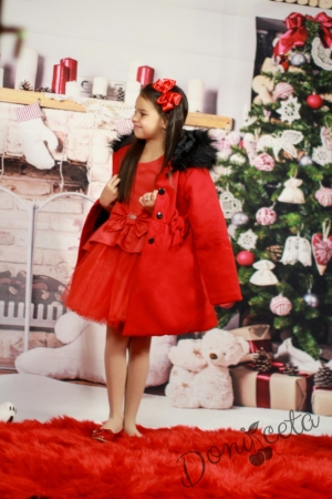 Коледна официална детска рокля в червено с богат тюл с палто