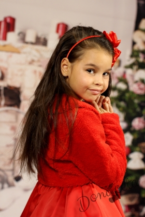 Комплект от коледна официална детска рокля в червено с богат тюл с пухкаво и болеро