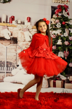Комплект от коледна официална детска рокля в червено с богат тюл и болеро