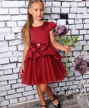 Официална детска рокля в бордо от сатен  и тюл Надежда