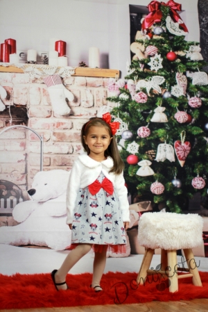 Детска рокля в сиво с Мини с пухкаво болеро в бяло