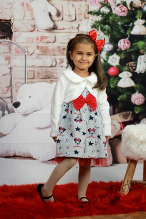 Детска рокля в сиво с Мини с пухкаво болеро в бяло