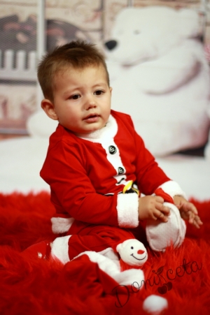 Коледен памучен комплект за момче в червено, имитиращ костюма на Дядо Коледа