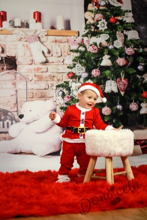 Коледен памучен бебешки комплект за момче в червено от 3 части/ костюм на Дядо Коледа