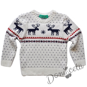 Детски зимен пуловер от плетиво с еленчета
