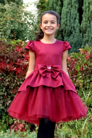 Официална детска рокля в бордо и тюл Кати от сатен 